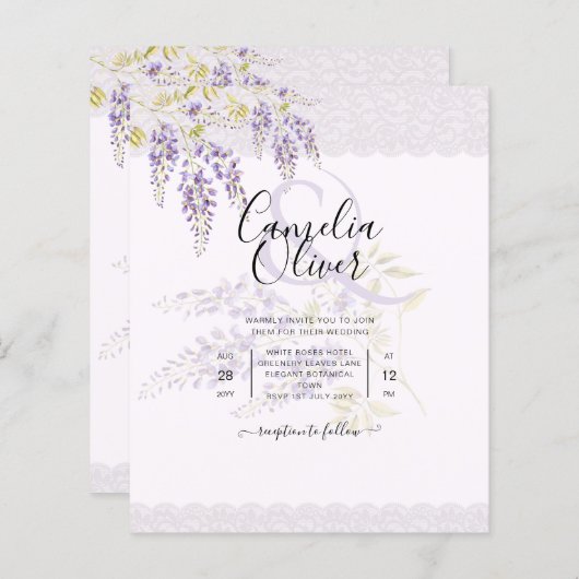 LeahG Lila WISTERIA Lace Floral Wedding INVITE (Vorne/Hinten)