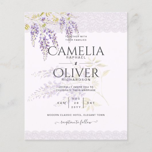 LeahG Lila WISTERIA Lace Floral Wedding INVITE (Vorderseite)