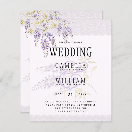 LeahG Lila WISTERIA Lace Floral Wedding INVITE (Vorne/Hinten)
