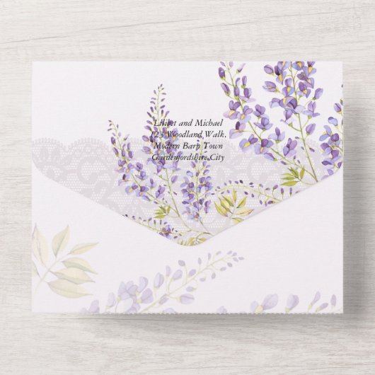 LeahG Lila WISTERIA Lace Floral Wedding INVITE All In One Einladung (Rückseite)