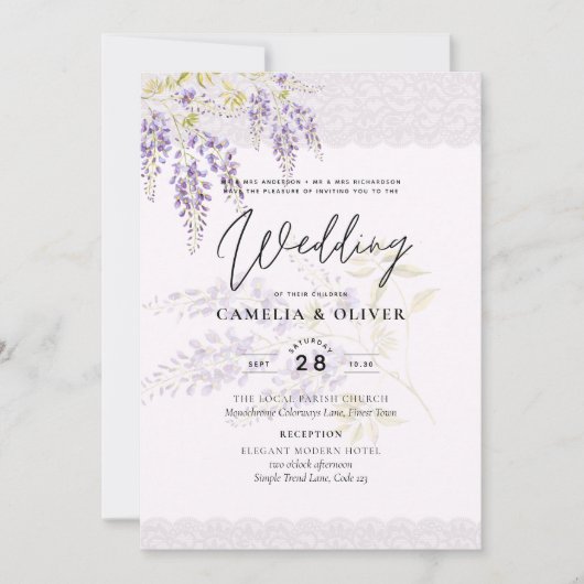 LeahG Lila WISTERIA Lace Floral Wedding INVITE Einladung (Vorderseite)