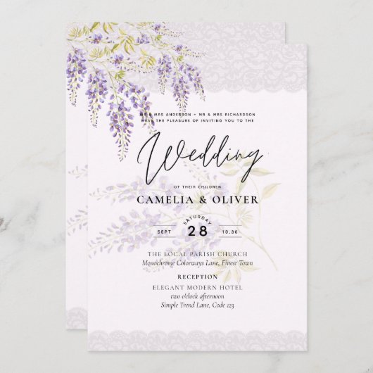 LeahG Lila WISTERIA Lace Floral Wedding INVITE Einladung (Vorne/Hinten)