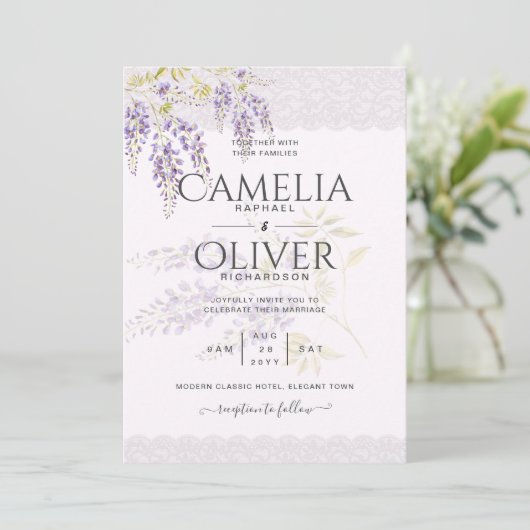 LeahG Lila WISTERIA Lace Floral Wedding INVITE Einladung (Stehend Vorderseite)