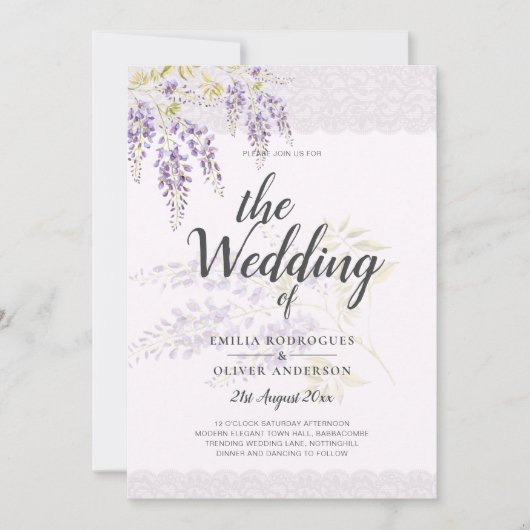 LeahG Lila WISTERIA Lace Floral Wedding INVITE Einladung (Vorderseite)
