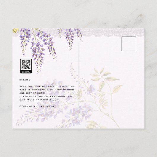 LeahG Lila WISTERIA Lace Floral Wedding INVITE Postkarte (Rückseite)