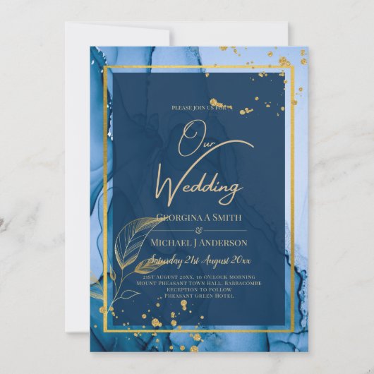 LeahG® Navy Blue Gold Alkohol Tinte Wedding Einladung (Vorderseite)