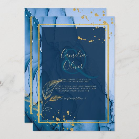 LeahG® Navy Blue Gold Alkohol Tinte Wedding Einladung (Vorne/Hinten)