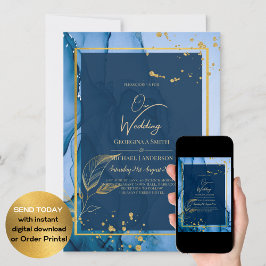LeahG® Navy Blue Gold Alkohol Tinte Wedding Einladung