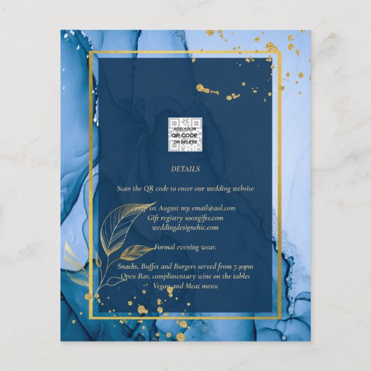 LeahG® Navy Blue Gold Alkohol Tinte Wedding Flyer (Hinten)