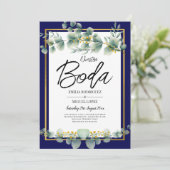 LeahG NAVY BLUE GOLD Greenery Eukalyptus Wedding Einladung (Stehend Vorderseite)