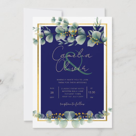 LeahG NAVY BLUE GOLD Greenery Eukalyptus Wedding Einladung (Vorderseite)