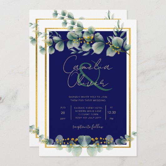 LeahG NAVY BLUE GOLD Greenery Eukalyptus Wedding Einladung (Vorne/Hinten)