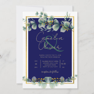 LeahG NAVY BLUE GOLD Greenery Eukalyptus Wedding Einladung
