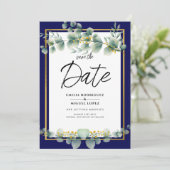 LeahG NAVY BLUE GOLD Greenery Eukalyptus Wedding Einladung (Stehend Vorderseite)