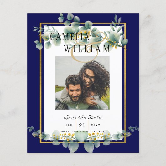 LeahG NAVY BLUE GOLD Greenery Eukalyptus Wedding Flyer (Vorne)