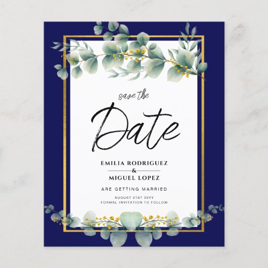 LeahG NAVY BLUE GOLD Greenery Eukalyptus Wedding Flyer (Vorne)