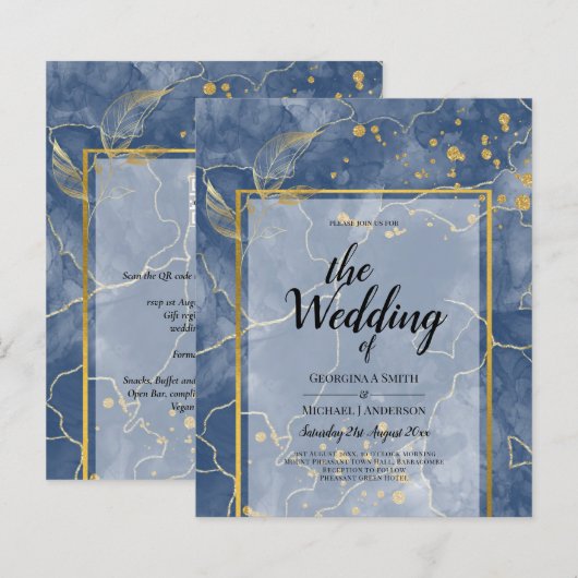 LeahG Navy Blue Gold INK Abstrakt Wedding INVITE (Vorne/Hinten)