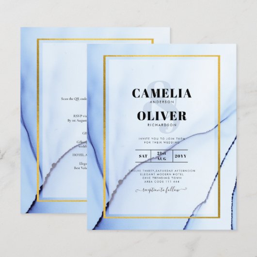 LeahG Navy Blue Gold INK Abstrakt Wedding INVITE (Vorne/Hinten)