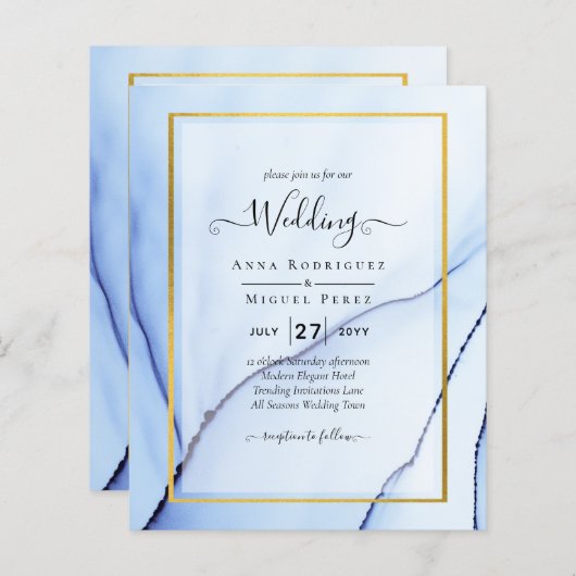 LeahG Navy Blue Gold INK Abstrakt Wedding INVITE (Vorne/Hinten)