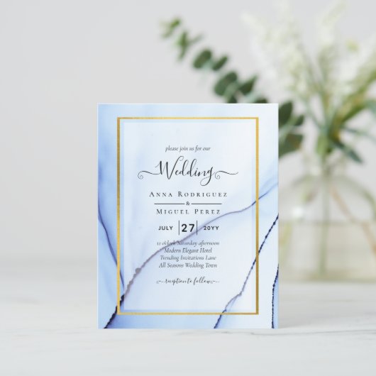 LeahG Navy Blue Gold INK Abstrakt Wedding INVITE (Stehend Vorderseite)