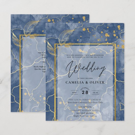 LeahG Navy Blue Gold INK Abstrakt Wedding INVITE (Vorne/Hinten)
