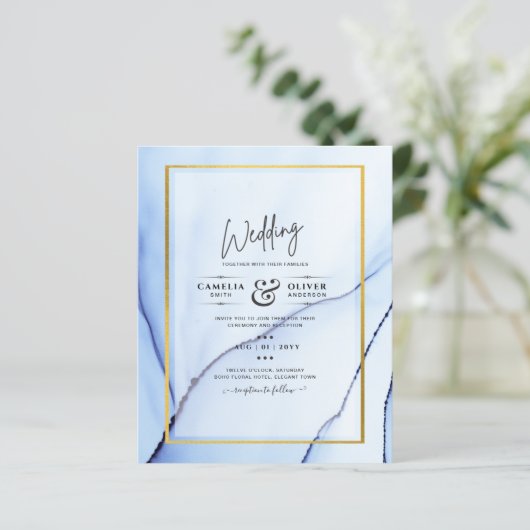LeahG Navy Blue Gold INK Abstrakt Wedding INVITE (Stehend Vorderseite)