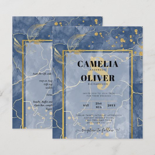 LeahG Navy Blue Gold INK Abstrakt Wedding INVITE (Vorne/Hinten)