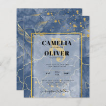 LeahG Navy Blue Gold INK Abstrakt Wedding INVITE