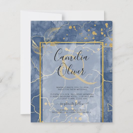 LeahG Navy Blue Gold INK Abstrakt Wedding INVITE (Vorderseite)