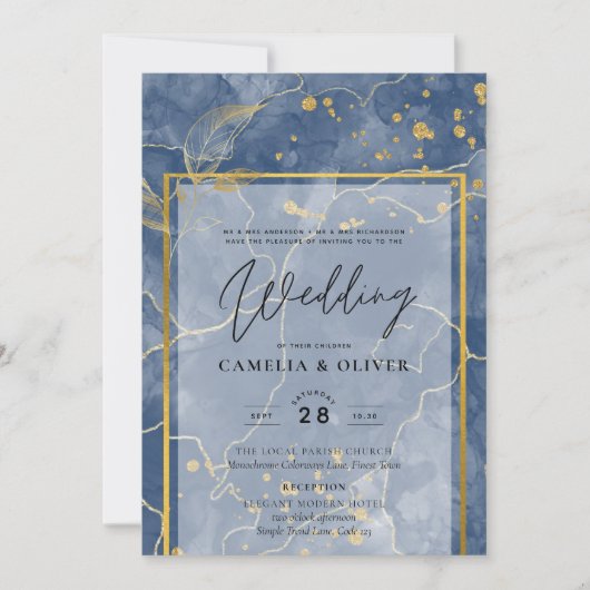 LeahG Navy Blue Gold INK Abstrakt Wedding INVITE Einladung (Vorderseite)