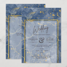 LeahG Navy Blue Gold INK Abstrakt Wedding INVITE