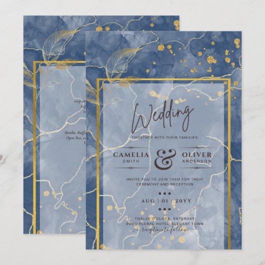 LeahG Navy Blue Gold INK Abstrakt Wedding INVITE Einladung (Vorne/Hinten)