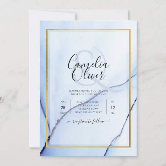 LeahG Navy Blue Gold INK Abstrakt Wedding INVITE Einladung (Vorderseite)