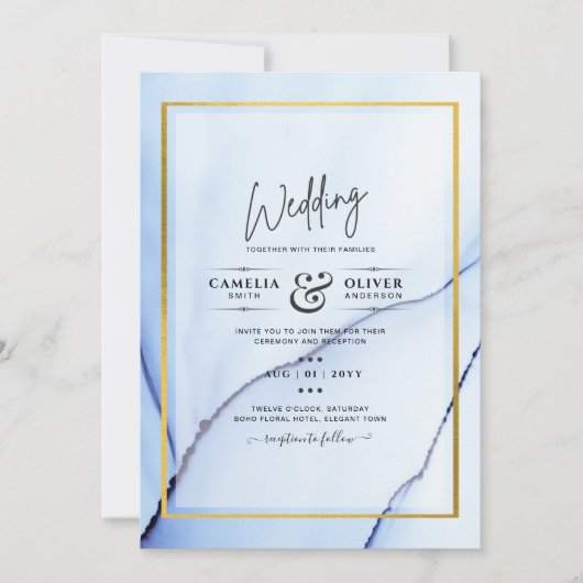 LeahG Navy Blue Gold INK Abstrakt Wedding INVITE Einladung (Vorderseite)