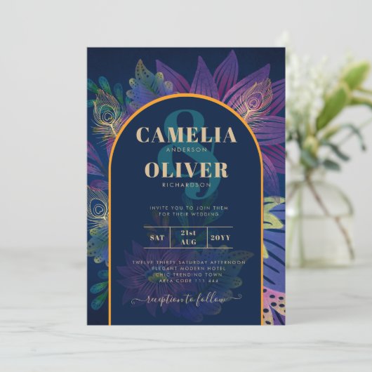 LeahG Navy Lila Gold JEWEL TONES Wedding INVITE Einladung (Stehend Vorderseite)