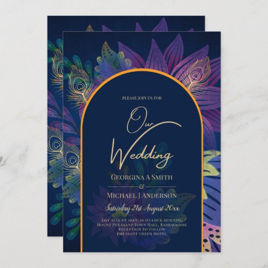 LeahG Navy Lila Gold JEWEL TONES Wedding INVITE Einladung (Vorne/Hinten)