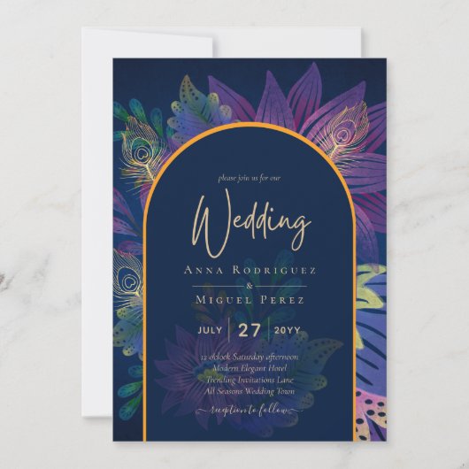 LeahG Navy Lila Gold JEWEL TONES Wedding INVITE Einladung (Vorderseite)