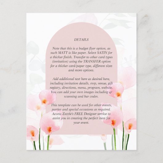 LeahG Pink Calla Lily Floral Wedding Einladung Flyer (Hinten)