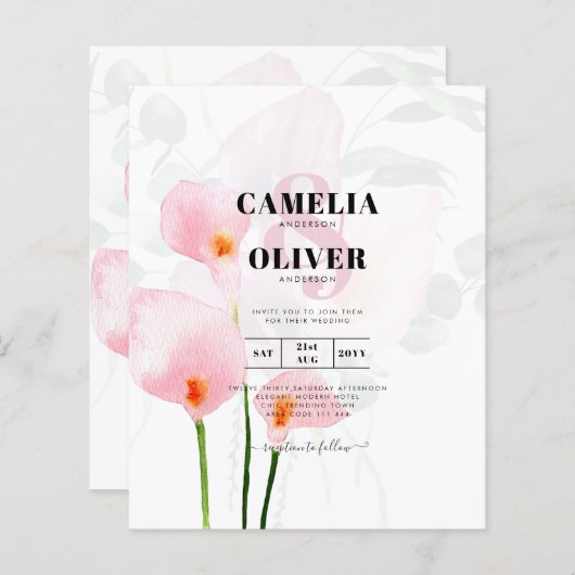 LeahG Pink Calla Lily Floral Wedding Invite allin1 (Vorne/Hinten)