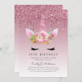 LeahG Pink Glitzer Unicorn Girls Birthday Einladun Einladung (Vorne/Hinten)