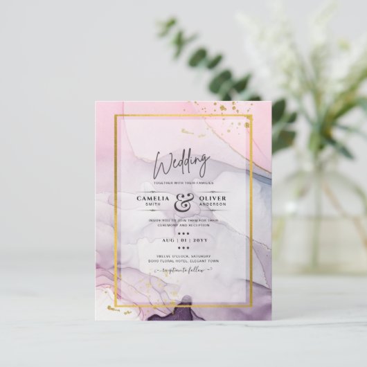 LeahG Pink Lila Lavender Gold INK Wedding INVITE (Stehend Vorderseite)