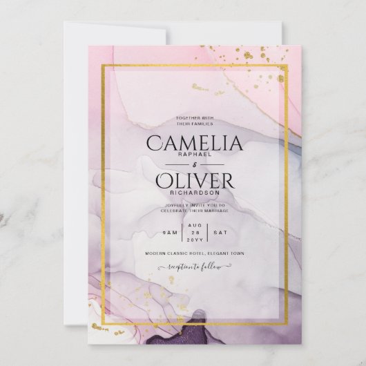 LeahG Pink Lila Lavender Gold INK Wedding INVITE Einladung (Vorderseite)