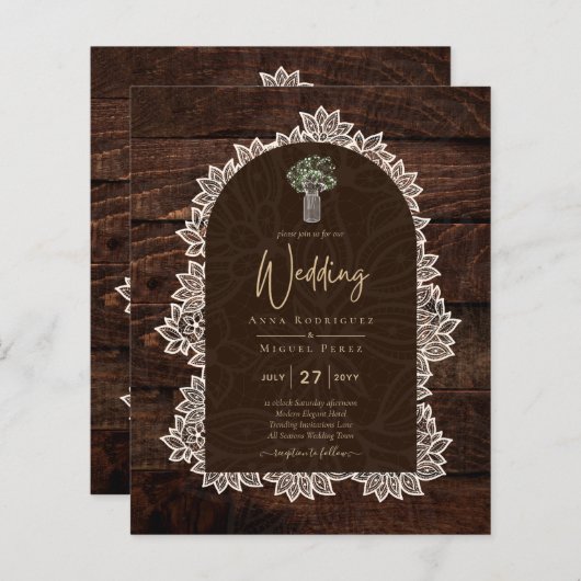 LeahG Rustic Lace Gypsophila Wood Wedding INVITE (Vorne/Hinten)
