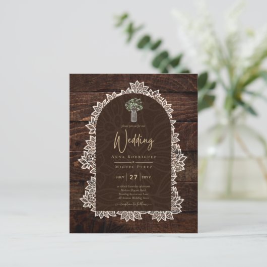 LeahG Rustic Lace Gypsophila Wood Wedding INVITE (Stehend Vorderseite)