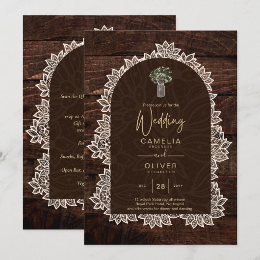 LeahG Rustic Lace Gypsophila Wood Wedding INVITE Einladung (Vorne/Hinten)