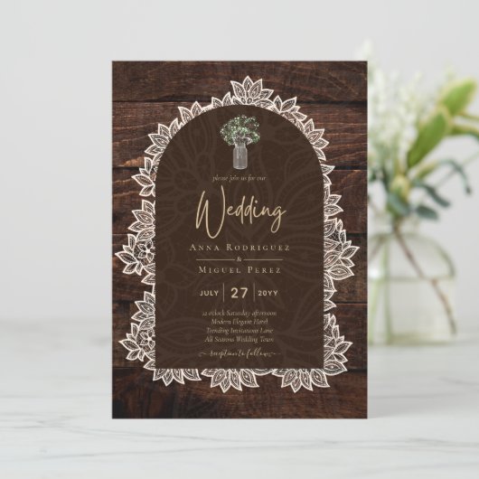 LeahG Rustic Lace Gypsophila Wood Wedding INVITE Einladung (Stehend Vorderseite)
