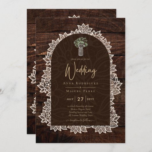 LeahG Rustic Lace Gypsophila Wood Wedding INVITE Einladung (Vorne/Hinten)