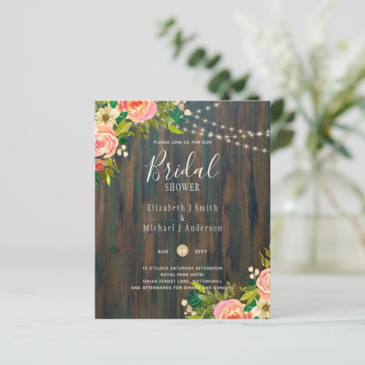 LeahG Rustic Wood Peach Coral Floral Wedding (Stehend Vorderseite)