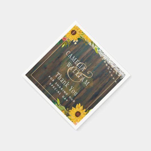 LeahG Rustikale Sonnenblumen Lights Wood Wedding Serviette (Ecke)