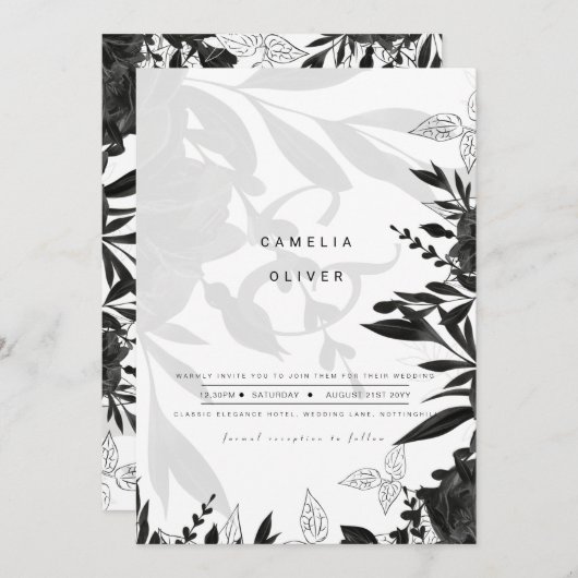 LeahG Schwarz-weiße Rose Hochzeitbudget Einladung (Vorne/Hinten)